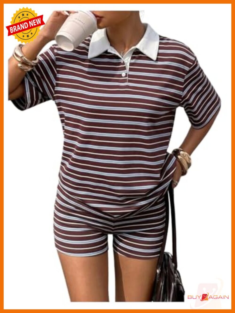 Striped 2 Piece Matching Set Women's Short Sleeve Shorts